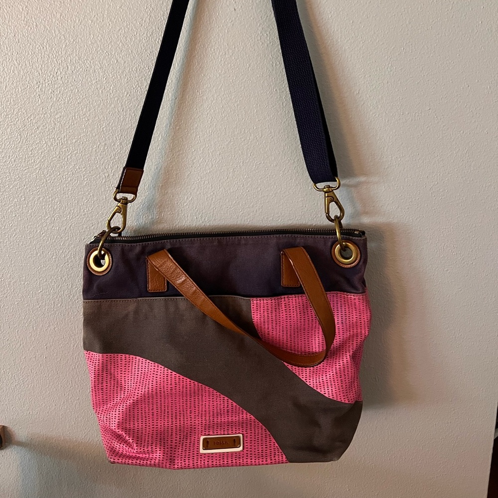 Fossil “Keely” Pink Dotted Canvas Crossbody Tote Bag